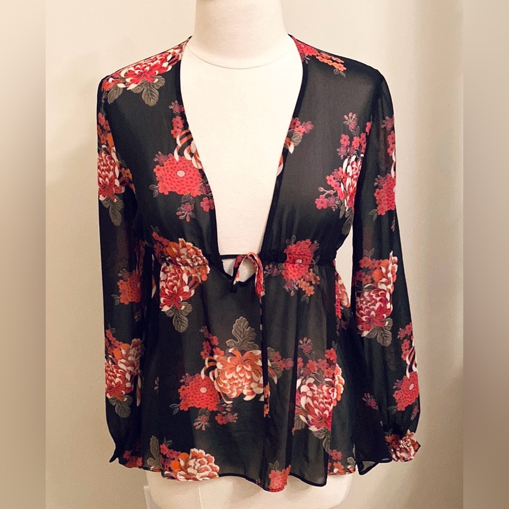 Express Black Red Gothic Floral SZ S Romantic Boho Chic Victorian Semi Sheer Top